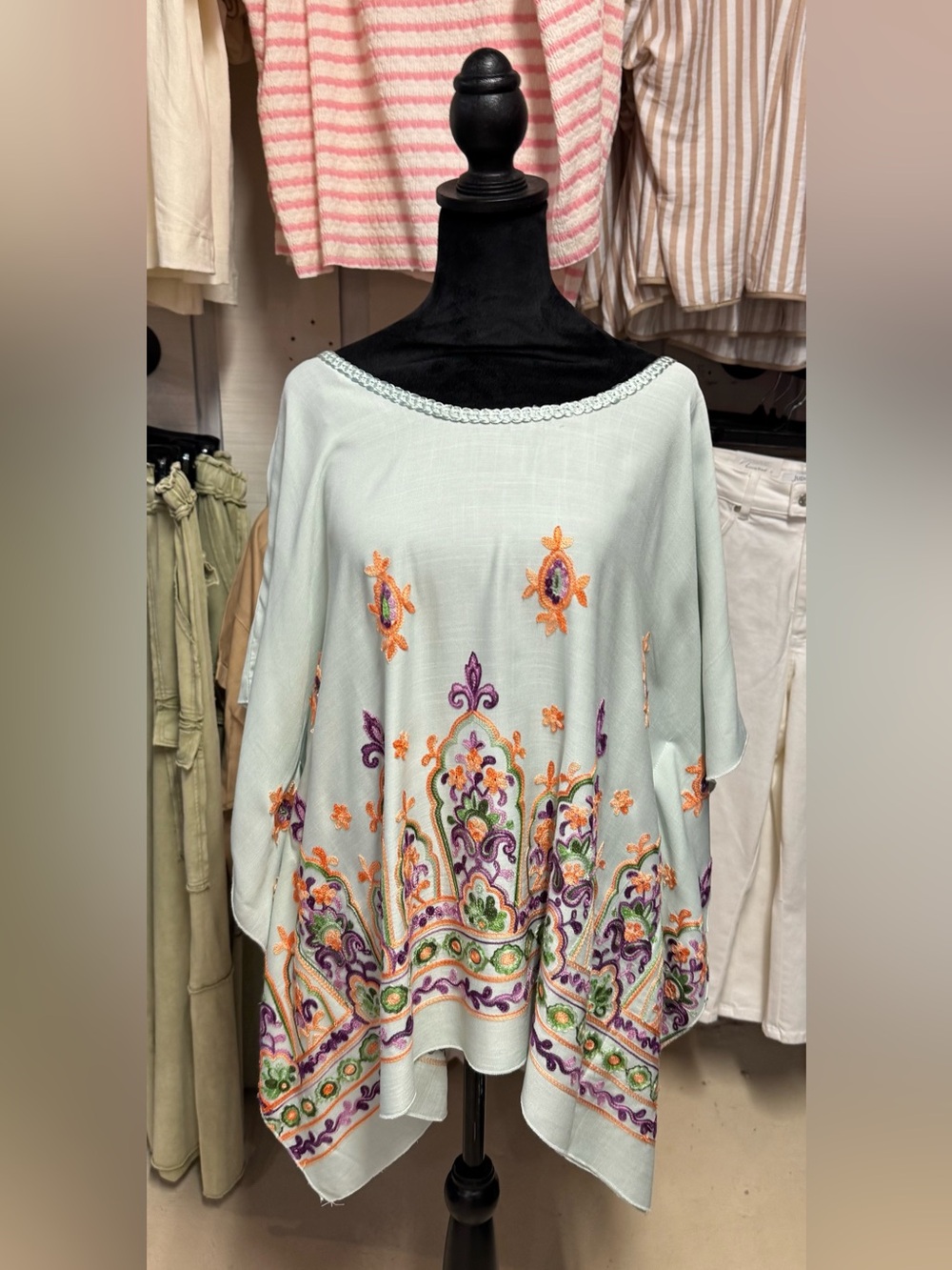 easel Mint Embroidered Floral Poncho Top